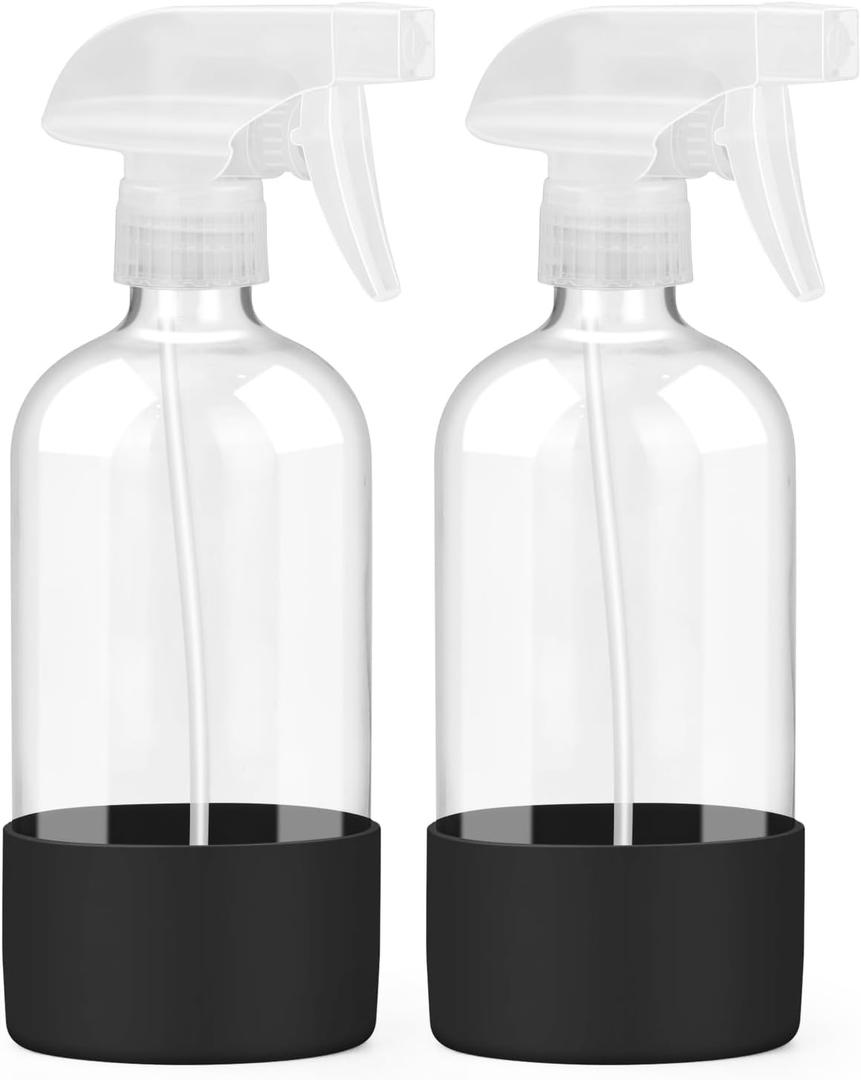 Worldgsb 2 Pack Glass Spray Bottles with Silicone Sleeve, 16 oz Empty Refillable Containers with Adjustable Spray Nozzles, Spray Bottles for Hair, Cleaning Solutions and Plants Black