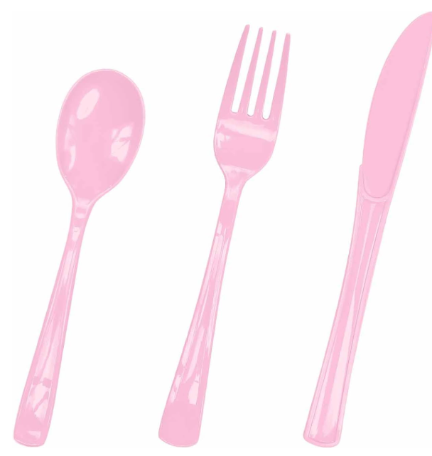 HEIPINIUYE 75 Pack Light Pink Clear Plastic Cutlery Heavy Duty Clear Pink Plastic Knives Forks and Spoons Disposable Silverware Set for 25 Guest Camping Birthday Baby Shower Party Utensil Set