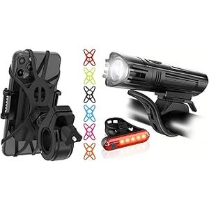 TruActive Premium Bike Phone Mount Holder & Bike Light Set Bundle | Universal Cell Phone Mount for 4"-7" Phones | USB Rechargeable Ultra-Bright Front Headlight and Back Tail Lights | Easy Installation