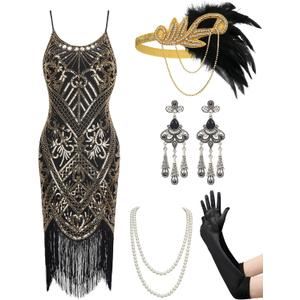 YESSA Women's Flapper Dresses 1920s,Great Gatsby Dresses Sequin Fringe Cocktail Dress Roaring 20s Dress for Harlem Nights (Medium, Black Gold)