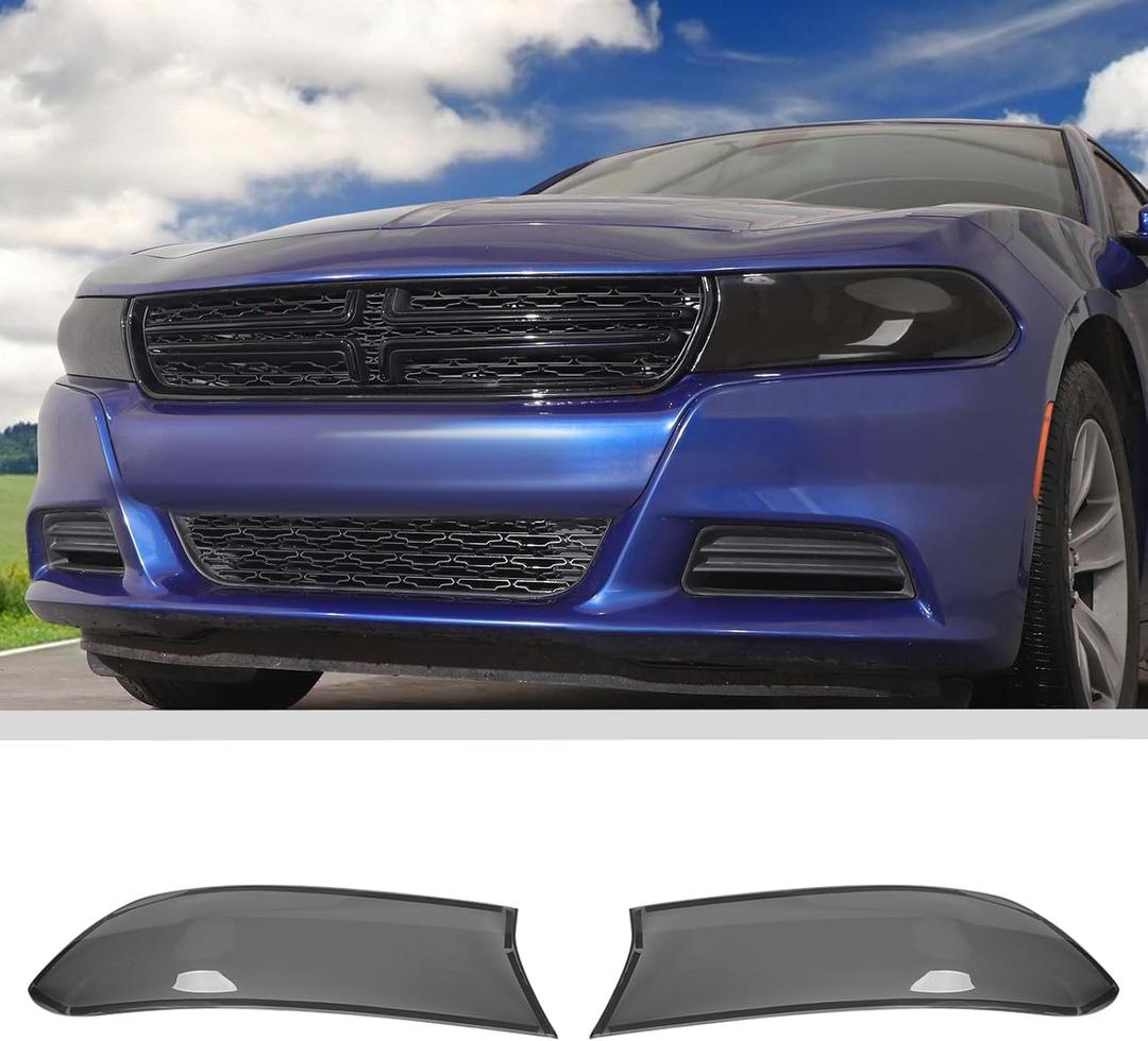 JWWY Headlight Headlamp Front Driving Light Lamp Cover Lens Shell Trim Fit for 2015-2024+ Dodge Charger Exterior Accessories ABS 2PCS Smoked Black