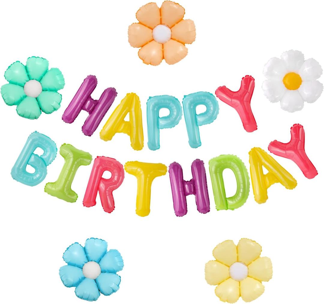 CANREVEL Happy Birthday Banner 13pcs 16 Inch Mylar Foil Letters with 5pcs Flowers Balloons Birthday Party Decorations for Kids and Adults - 3D Macaron