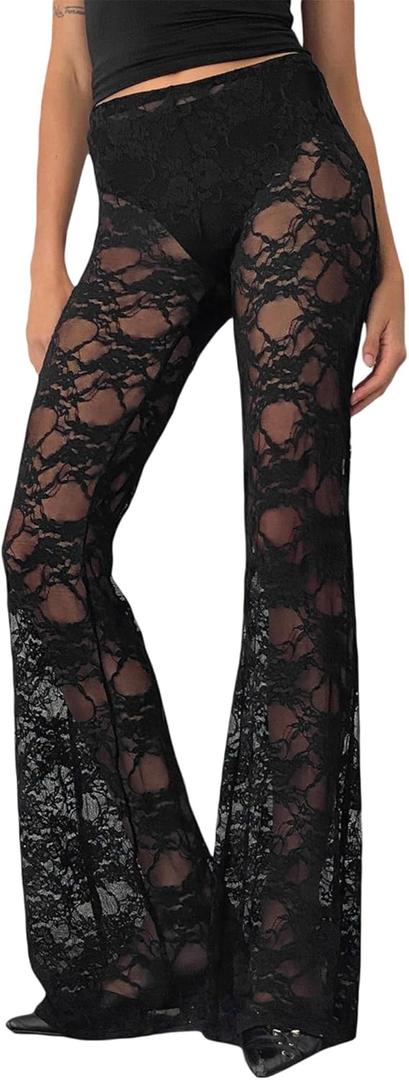 Women Layered Ruffle Tulle Pants High Waist Wide Leg Long Trousers Sheer Mesh Tiered Party Pants (Small)