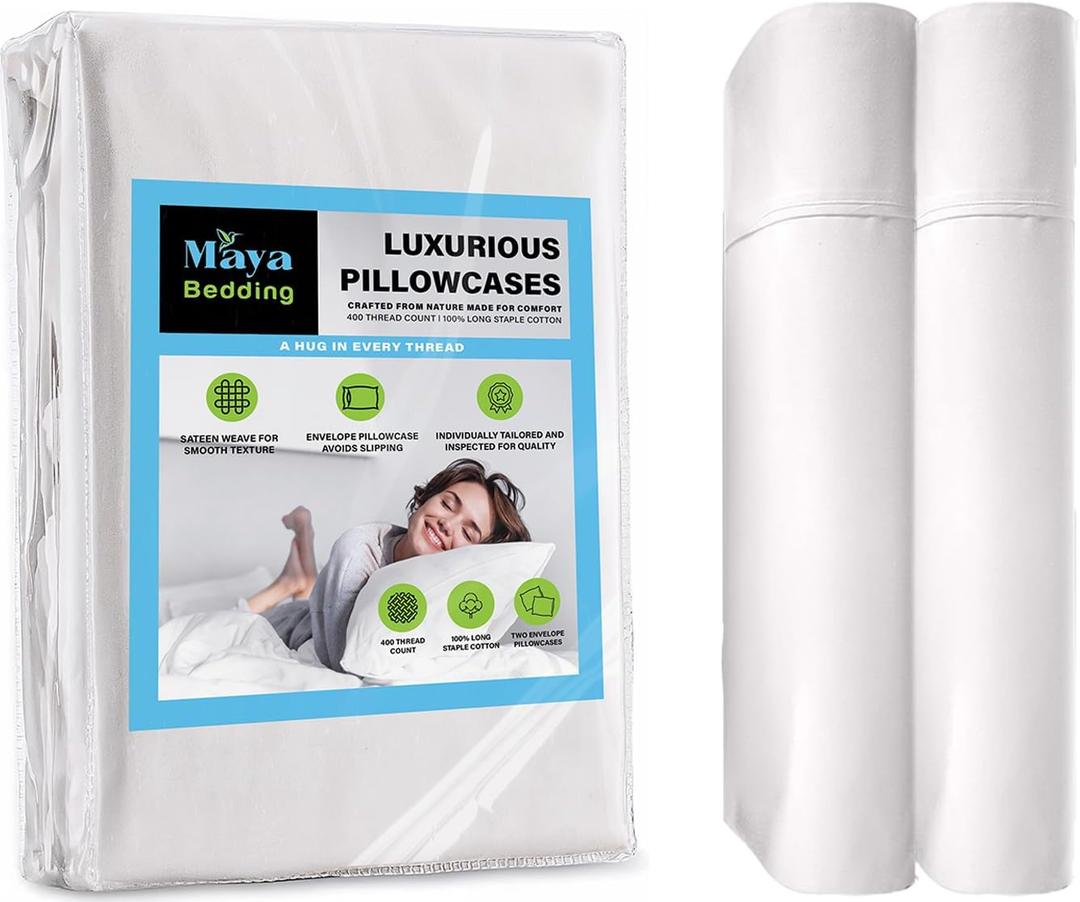 Standard Size Pillowcase Set  Bright White, 400 Thread Count, 100% Cotton Sateen  Soft, Cooling & Breathable  Set of 2 Envelope Closure Pillow Covers