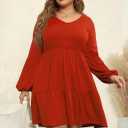 Celkuser Plus Size Casual Dresses for Curvy Womens Long Sleeve V Neck Babydoll Tiered Flowy Dress with Pocket (Red)