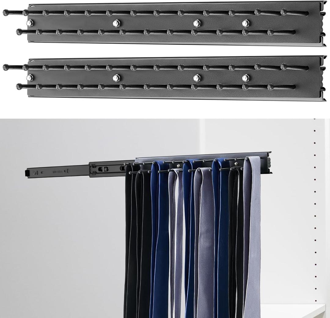 Blulu 2 Pcs Sliding Tie Rack Hanger for Closet, 25 Tie Pull Out Wall Mount Extending Sturdy Metal Belt Organizer Holder for Men Belt Storage, 13.8'' x 1.7'', Black