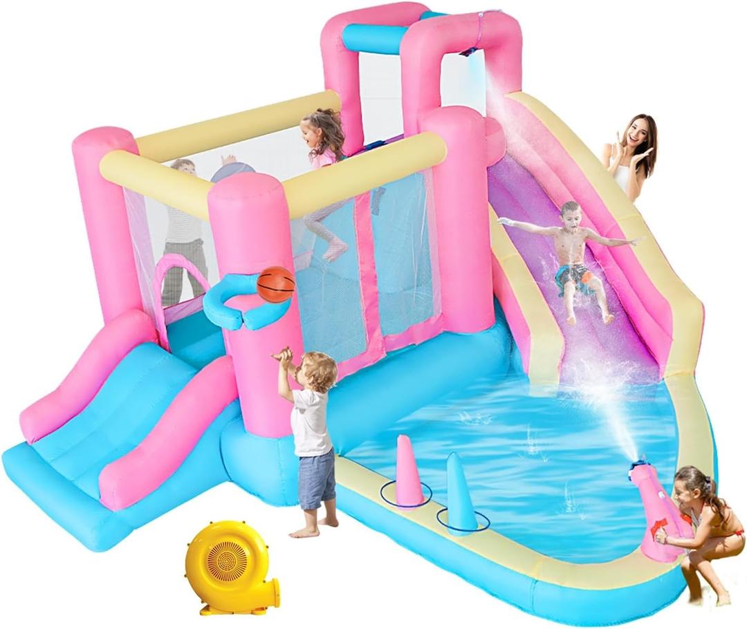 Inflatable Water Slide for Kids, Bounce House with Slide, Pool, Water Cannon, Climbing Wall, Blower Included, Outdoor Summer Fun for Kids, 141x138x78 Inches, Pink