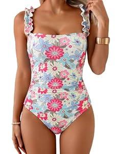 Eomenie Women's One Piece Swimsuit Tummy Control Square Neck Bathing Suit Ruffle Straps Ribbed Swimwear (M, Pink Teal Floral)