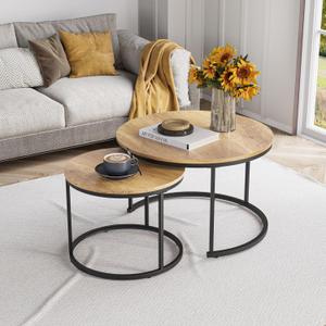 Smuxee Nesting Coffee Table Set of 2, 27.6" Round Coffee Table Wood Grain Top with Adjustable Non-Slip Feet, Industrial End Table Side Tables for Living Room Bedroom Balcony Yard (27.6"W, Brown)