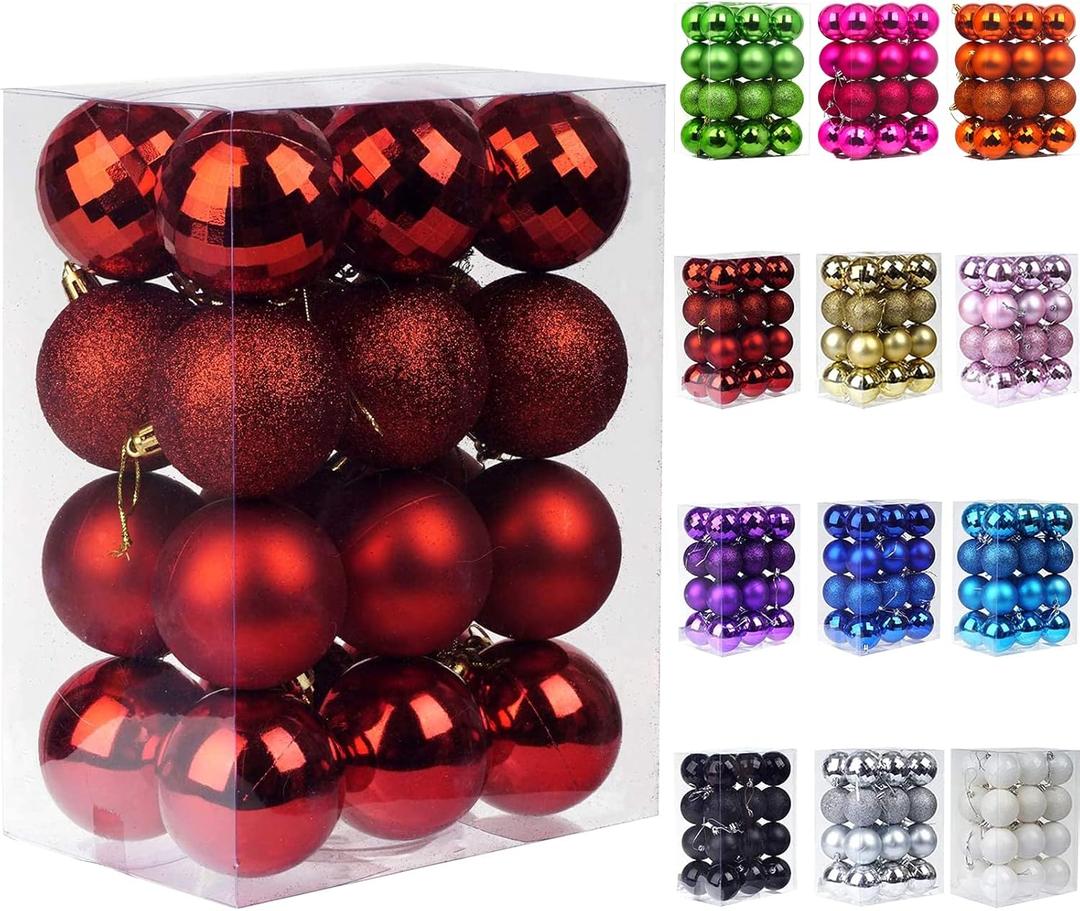 Emopeak 24Pcs Christmas Balls Ornaments for Xmas Christmas Tree - 4 Style Shatterproof Christmas Tree Decorations Hanging Ball for Holiday Wedding Party Decoration (Red, 2.4"/6.2CM)