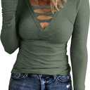 Women Casual Long Sleeve Tunic Tops V-Neck T Shirts Criss Cross Ribbed CasualTee Slim Fitted Fall Blouse (Small, Army Green)