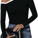 BONITEE Women Off The Shoulder Asymmetrical Tops Long Sleeve Boat Neck Clothes Casual Dressy Blouse Shirts, Size M, Black