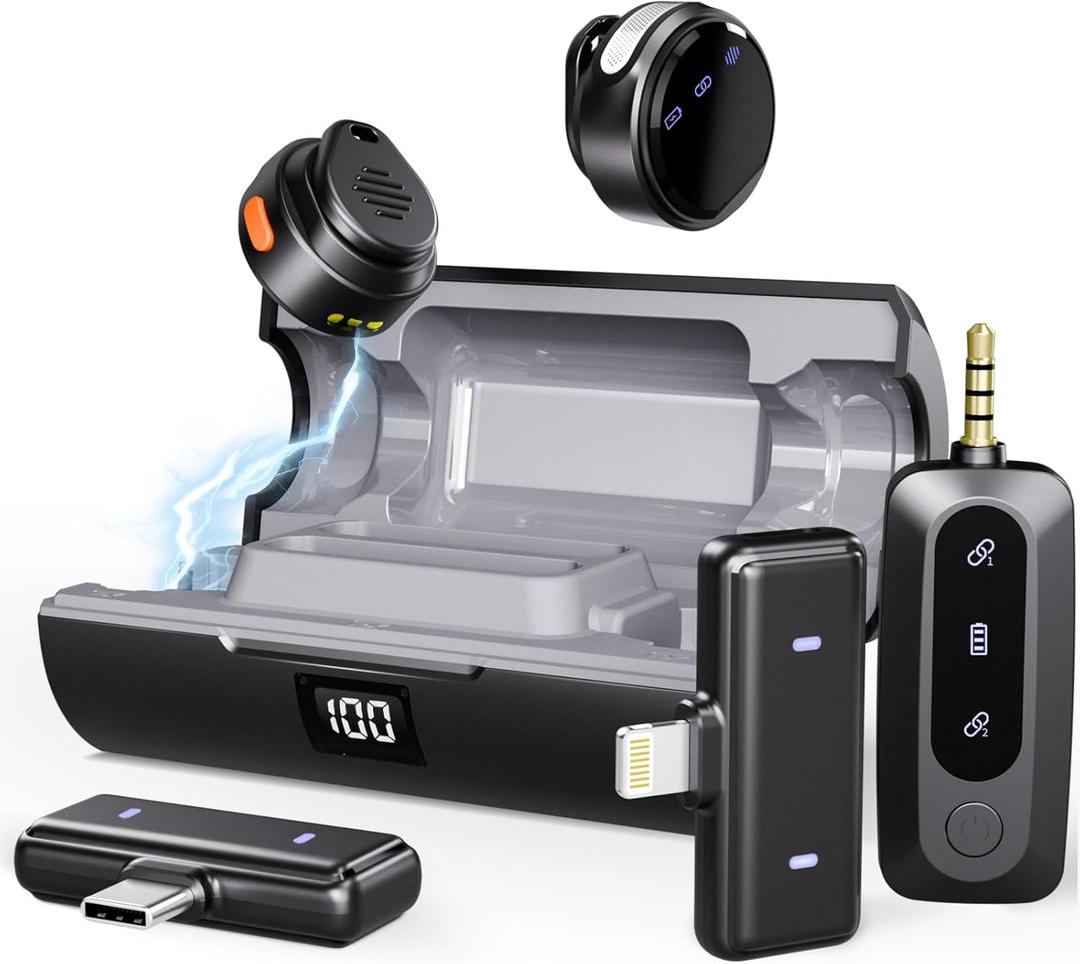 Moman Wireless Lavalier Microphone 3-in-1 Set for iPhone/Android/Camera/Laptop/PC, 48H Video Recording Active Noise Cancellation Lav Mic, Mini Clip/Magnetic Microphones for Lightning/USB-C/3.5mm