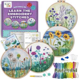 CRAFTILOO 4 Pack Embroidery Kit for Beginners Stamped Cross Stitch Kits for Beginners Needlepoint Kits for Adults Sunflower Cross Stitch Embroidery Kits Needlework Kit DIY Crafts for Woman (4 Watercolor Flowers)