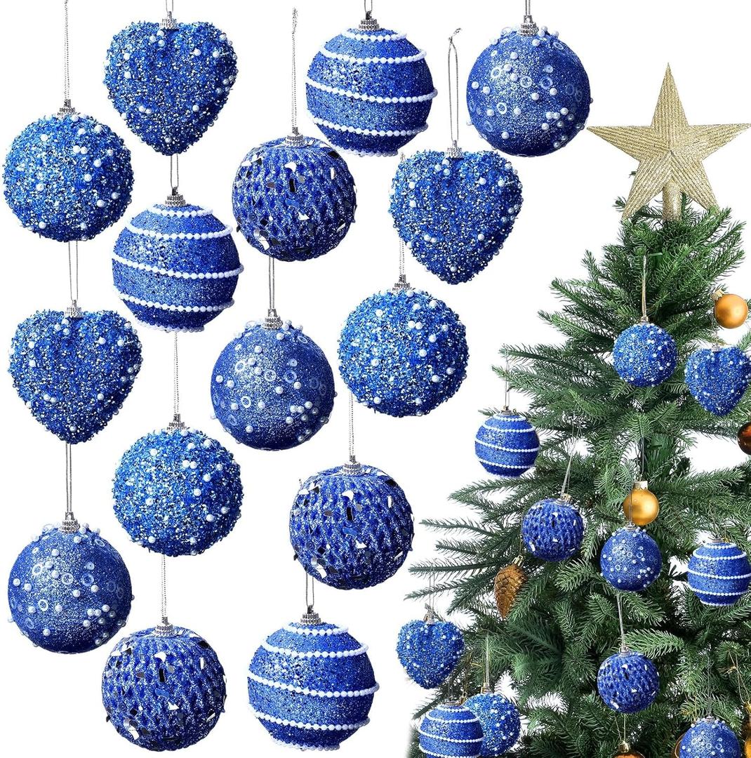 24 Pcs Sequin Christmas Blue Balls Ornaments Heart Ornaments Xmas Ball Decorations Shatterproof Hanging Pearl Balls for Christmas Holiday Wedding Party