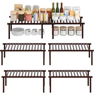 STORAGE MANIAC Set of 4 Expandable Kitchen Cabinet Organizer Shelf Kitchen Counter Shelves Spice Rack Kitchens Storage Wire Shelf Adjustable Metal Pantry Storage for Plate Dish, Brown