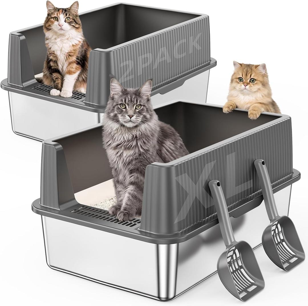 Stainless Steel Cat Litter Box with High Sides Lid,2 Pack XL Extra Large Metal Kitty Litter Pan, Non-Stick and Odor Free, Open Top Low Entry Design, Includes Scoop, Leakproof, Easy Clean,Grey
