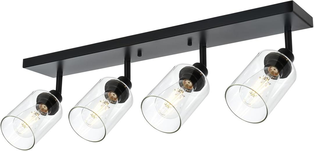 4 Light VINLUZ Vanity Wall Light with Clear Glass Shade Indoor Bathroom Fixture Multi-Directional Rotating Metal Ceiling Spotlight Fixture with Adjustable Track Heads (Black)