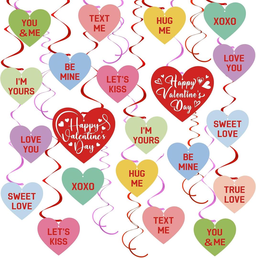 54Pcs Happy Valentines Day Hanging Swirls Party Decorations Conversation Hearts Candy Hanging Swirls Banner Garland for Anniversary Valentines Day Home Office Classroom Decorations