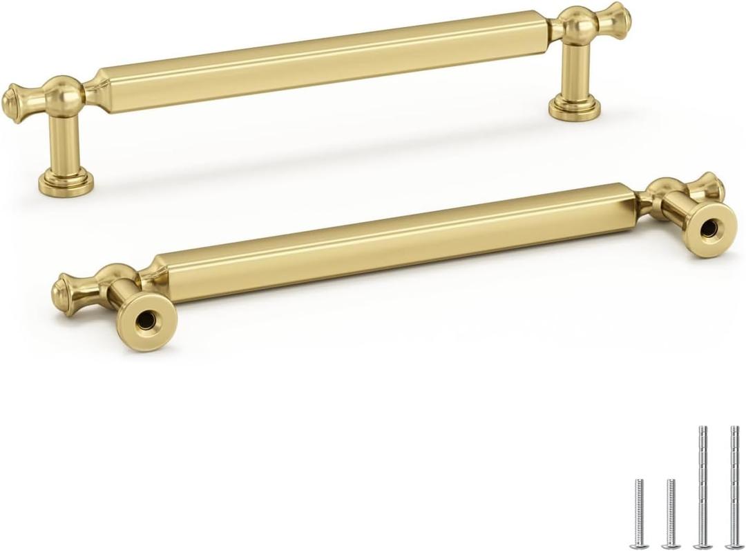 Goldenwarm 25 Pack 5 Inch Gold Cabinet Handles Brushed Gold Cabinet Pulls Brushed Brass Drawer Pulls Zinc Alloy Drawer Handles for Bathroom Cupboard Bedroom, 128mm Hole Centers