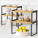 Kitchen Cabinet Organizer Shelves Set of 4, Expandable Counter Shelf Rack for Plate Dish Cup Mug Spice, Stackable Shelf Riser for Pantry Cupboard Desk Top Corner Storage (Bamboo, Black) (Medium)