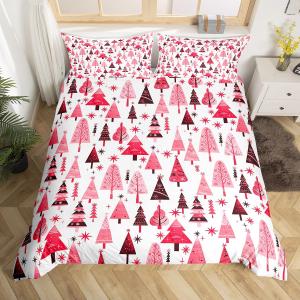 Manfei Pink Xmas Trees Duvet Cover Set Full Size, Christmas Theme Bedding Set 3pcs for Kids Boys Girls Adults, Happy New Year Comforter Cover Soft Polyester Quilt Cover with 2 Pillowcases,No Comforter
