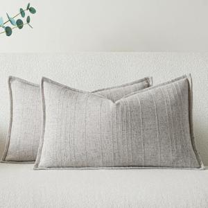 A Moment Linen Pillow Covers Set of 2,Boho Farmhouse Throw Pillowcases Neutral Textured Decorative Covers for Couch Sofa Bed, Soft Linen Blend Accent Case Cushion Home Decor 20"x12"Beige Grey