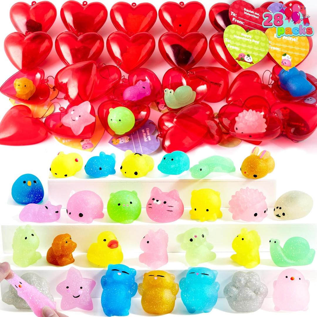 JOYIN 28 Packs Valentines Day Gifts for Kids, Glitter Mochi Squishy Toys with Hearts Funny Valentines Day Cards for Kid School Classroom Exchange Prize, Stress Relief Toy for Valentine Party Favor