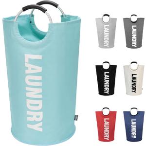 DOKEHOM 90L Large Laundry Basket, Collapsible Laundry Bag, Freestanding Tall Clothes Hamper, Foldable Washing Bin (Light Blue)