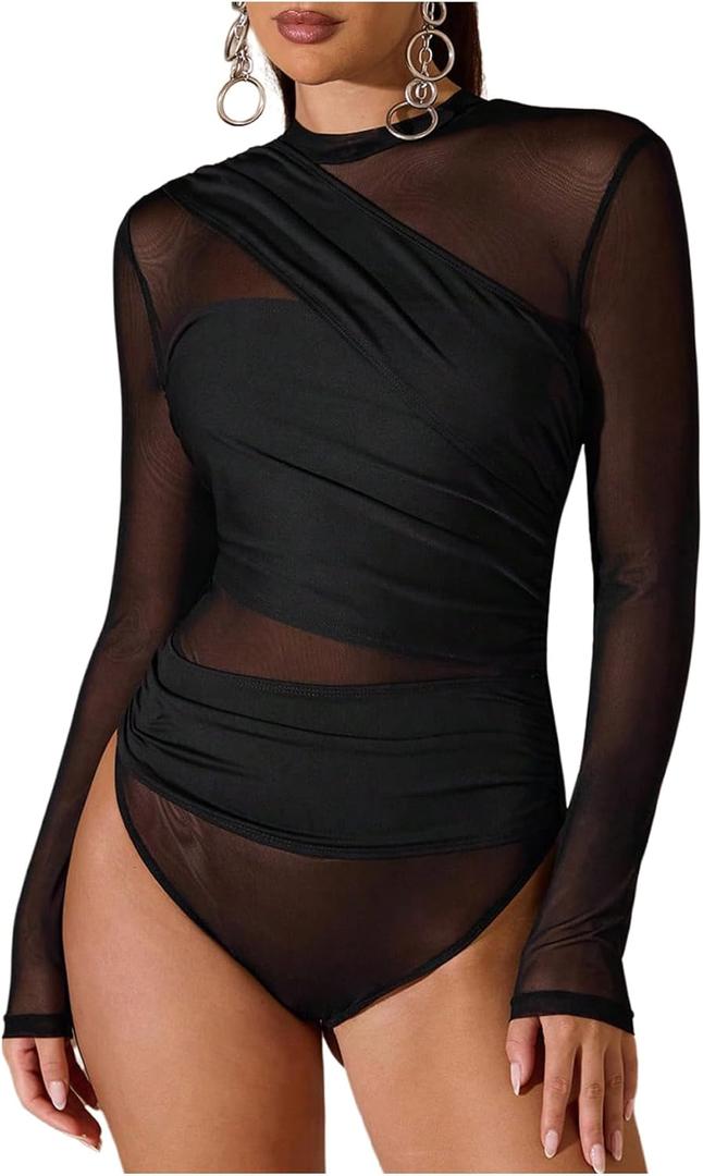 SweatyRocks Women's Sheer Mesh Bodysuit Ruched Mock Neck Long Sleeve Fitted Leotard (Black, XS)