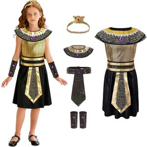 Egyptian Costume Kids Egypt Queen Kit Mummy Outfit Accessories Golden Snake Beaded Headpiece for Halloween Cosplay (Small3-4Y)