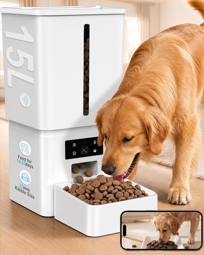 15L/63 Cups Automatic Dog Feeder for Large Breeds: Feeds for 1825 Days, Anti-Clog Design for 223mm Kibble - Smart Dog Food Dispenser with HD Camera and Timer for Busy Pet Parents