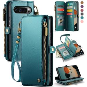Defencase for Google Pixel 10/Pro Case, RFID Blocking Wallet Case for Pixel 10 & 10 Pro Soft PU Leather Magnetic Snap Flip Zipper Strap Card Holder Phone Cases for Women Men, Blue Green