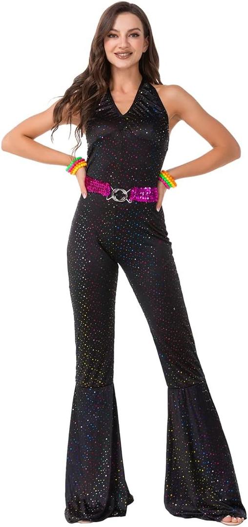 IBTOM CASTLE 70s Costume for Women Vintage V Neck Sequin Jumpsuit Disco Outfit Hippie Club Night Adult Halloween Costume (Medium, Black) 1 Piece