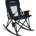 Folding Rocking Camping Chair Portable Outdoor Rocker with High Mesh Back, Handrail Bars, Carry Bag, Cup Holder, Bottle Opener, Supports 400 lbs, Black&Blue