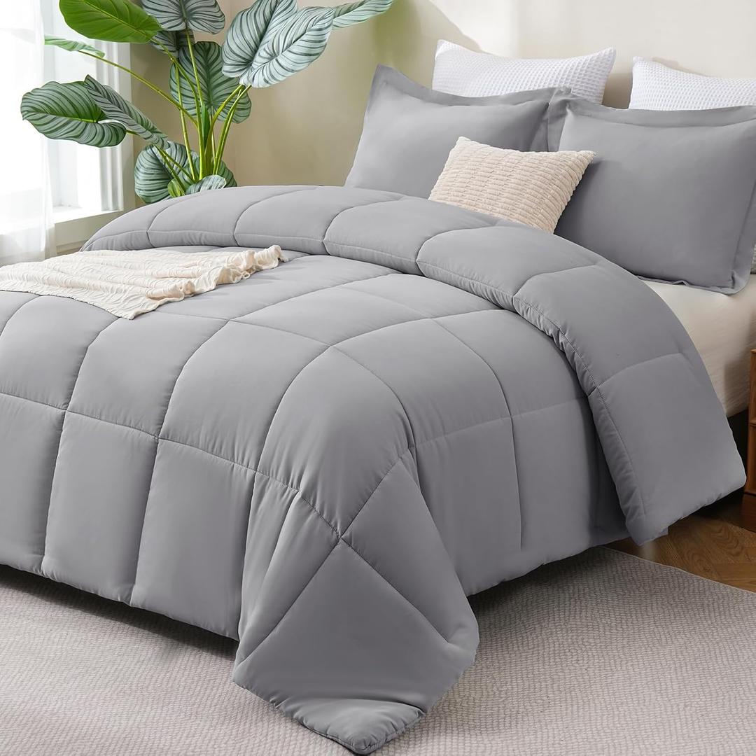 CozyLux King Size Comforter Set - Grey Comforter King Size, 3 Pieces Box Stitched Bed Set for All Seasons, Soft Lightweight Bedding Sets with 1 Down Alternative Comforter and 2 Pillow Shams