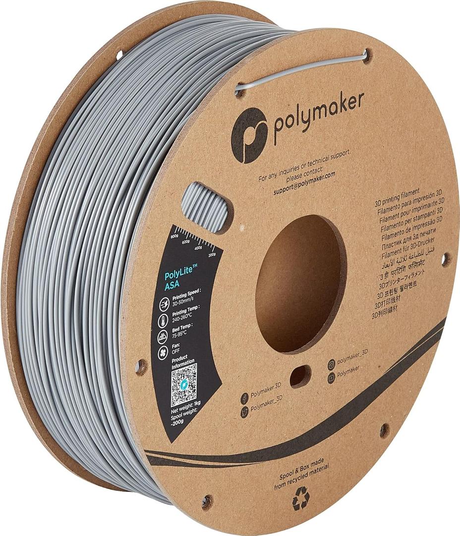 Polymaker ASA Filament 2.85mm Grey, 1kg ASA 3D Printing Filament, Heat & Weather Resistant - ASA 3D Printer Filament Perfect for Printing Outdoor Functional Parts