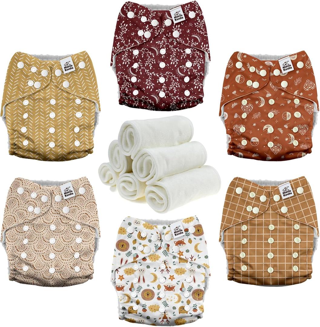 Mama Koala 3.0 Pocket Cloth Diapers for Babies with AWJ Lining, 6 Pack with 6 4-Layer Natural Cloth Diaper Inserts - Reusable and Washable Pocket Diapers (Lucky Colors)