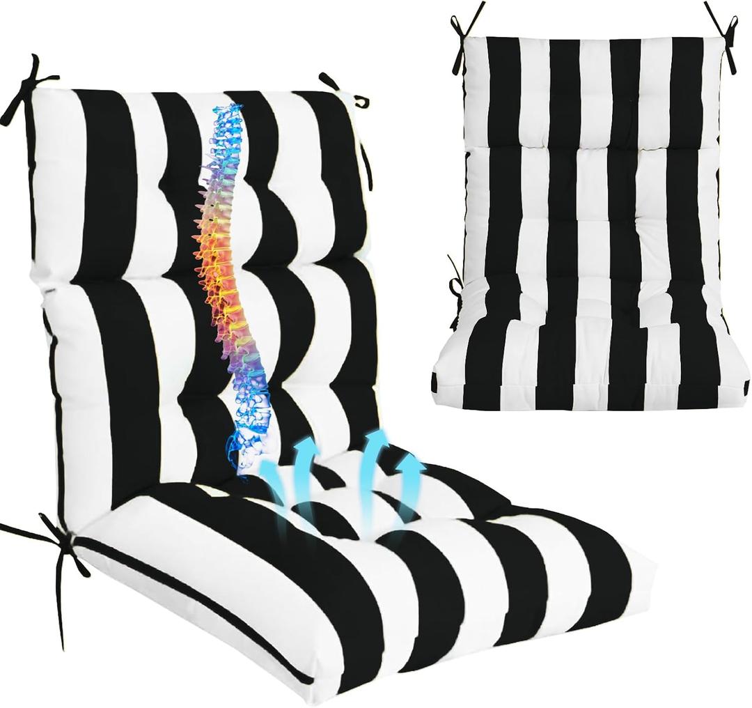 Outdoor High Back Chair Cushions 2-Pack, 44"x22"x 4" Fade-Resistant Waterproof Tufted Pads with Ties for Patio Rocking & Adirondack Chairs (Black White)