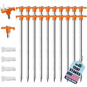 Eurmax USA Galvanized Non-Rust Camping Family Tent Pop Up Tent Stakes Ice Tools Heavy Duty 20pc-Pack, with 4x10ft Ropes & 1 Orange Stopper