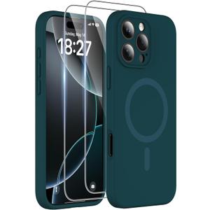 Magnetic for iPhone 16 Pro Case, Compatible with MagSafe, Two 9H Screen Protectors, Full Camera Protection, Military-Grade Protection Silicone Phone Cover for 16 Pro 6.3",Blackish Green
