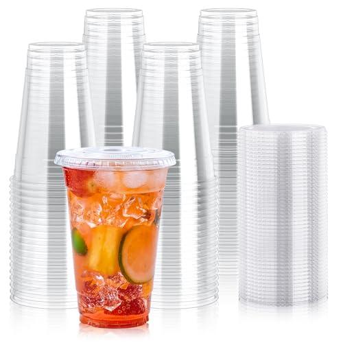 Lilymicky [50 Sets] 20 oz Clear Plastic Cups With Flat Lids, Disposable Drinking Cups, 20 oz Plastic Cups for Ice Coffee, Smoothie, Slurpee, or Any Cold Drinks