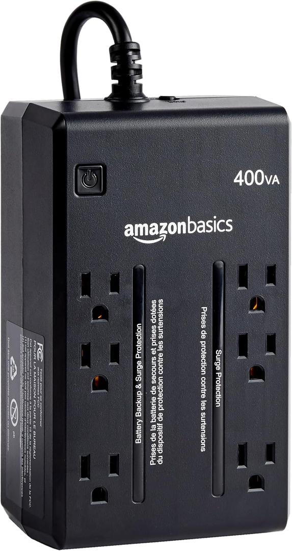 Amazon Basics UPS Battery Backup & Surge Protector, 400VA/255W, 6 Outlets, Uninterruptible Power Supply, Small Compact Size, Black