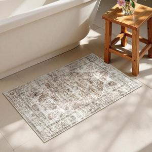Uphome Boho Bathroom Rugs, Distressed Farmhouse Khaki Bath Mat, Comfy Velvet Small Bath Rugs Non Slip Washable, Vintage Oriental Toilet Rug for Sink Shower Vanity, 20x32 inch (Khaki/Red Brown)