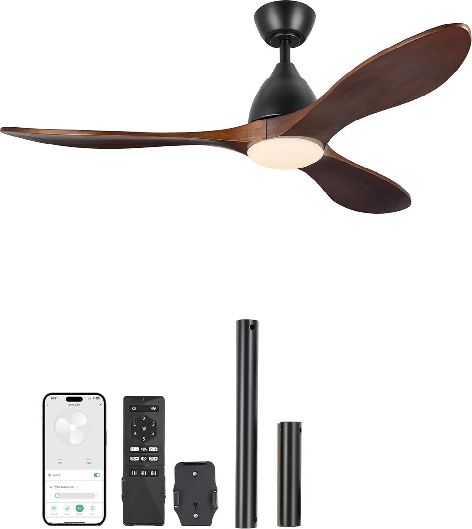 VONLUCE Ceiling Fans with Lights, 52 inch Smart Ceiling Fan with Remote/APP/Alexa Control, 3 Blades, 6 Speeds, Noiseless Reversible DC Motor, Wood Ceiling Fan for Bedroom Farmhouse, Walnut (Black and Walnut)