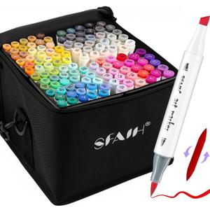 SFAIH Alcohol Markers Brush & Chisel - 121 Colors Double Tipped Art Markers for Adult Coloring Illustration, Gifts for Artist Adult - Adjustable Shoulder Strap & Faux Leather Lining & Outer Zip Pocket