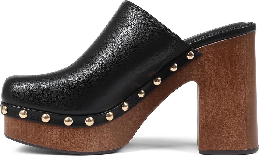 Oiamenne Womens Platform Clogs Mules Chunky High Heeled Sandals Round Toe Slip On Slides Rivet Studded Heels for Women Casual Comfy Shoes (Black, 8)