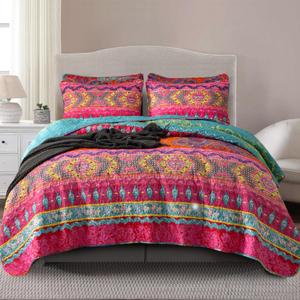 Bohemian Quilt Set Queen 3 Pieces Soft Microfiber Lightweight Colorful Bedspread Quilt Bohemian Bedding Set Exotic Yellow Orange Boho Quilt Set 1 Quilt and 2 Pillow Shams for All Season (Queen(90"x96")