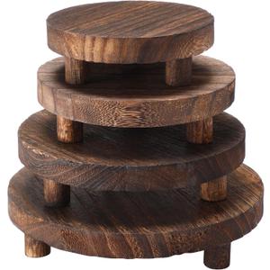 Geetery 4 Pcs Wooden Risers for Display Wood Pedestal Stand Mini Tray Stand Round Wooden Pedestal Holder Rustic Riser for Decor Tiered Tray Decor Home Kitchen, 4 Size(Brown)