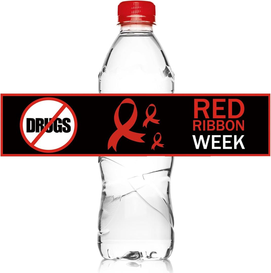 Fumete 100 Pcs Red Ribbon Week Water Bottle Labels 8.5 x 2 Inch Red Ribbon Awareness Stickers Decorations Party Favors Supplies for No Drugs Campaigns Fundraising Charity Activity